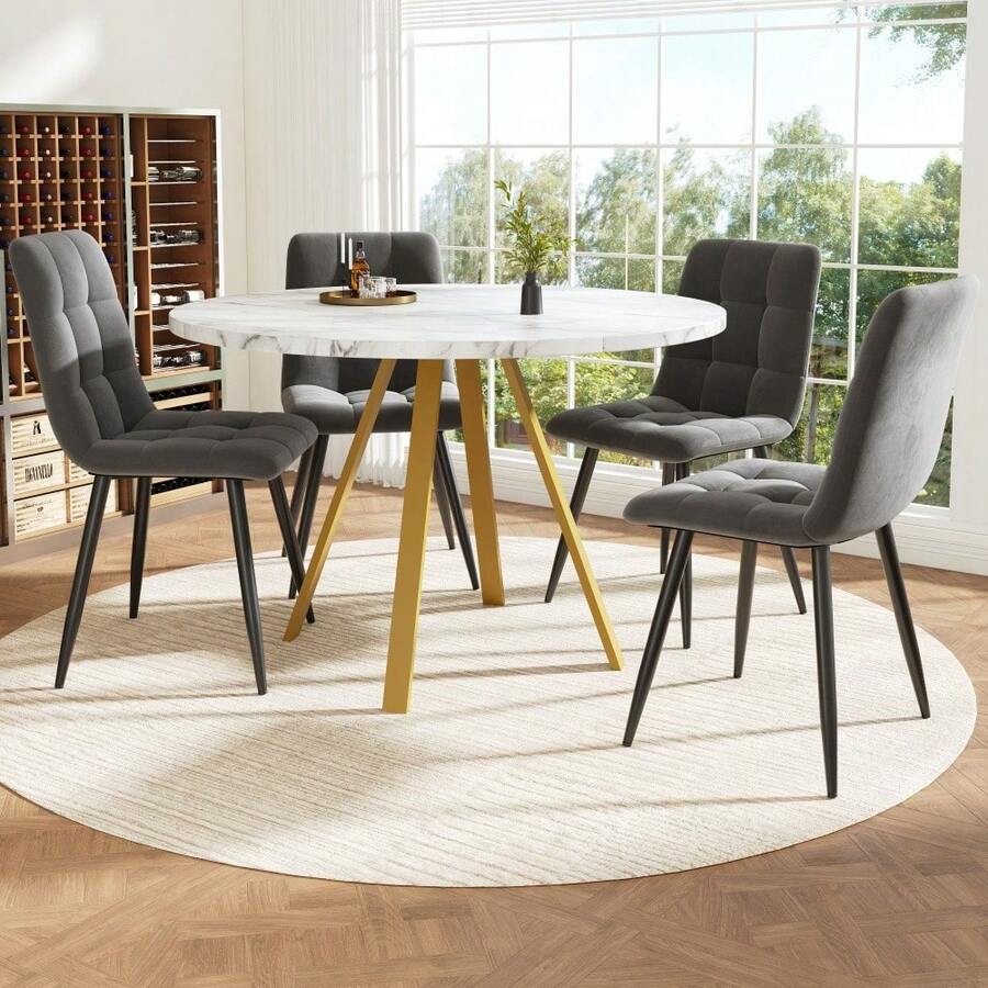 Dining Table & Chair Sets - White+Gold + MDF+Metal + Velvet + Seats 4 - View 1