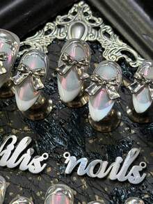 10pcs Handmade Fully Covered Almond Nails Acrylic Kit, Silver Cat Eyes, Cool And Sweet Ballet Style, White French Style, 3D Bow, Metal Relief Design, Y2K Style Nail Art Set,Acrylic Nail Supplies Are Suitable For Women And Girls,Can Be Used For Festivals,Daily,Life,Work,Gatherings And Other Occasions,The Kit Includes 1 Mini Nail File And 1 Double-Sided Adhesive Label Nails Stuff - Silver - View 4