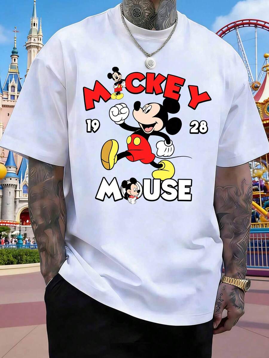 Disney Mickey Mouse 1928 Commemorative T-Shirt, Classic Retro Mickey Mouse Pattern Crew Neck Men's Short-Sleeved Top, Unisex T-Shirt, Casual And Versatile, Suitable For Beach Vacations, Outings, Daily Commutes, And Parties. - 白色 - 查看 1