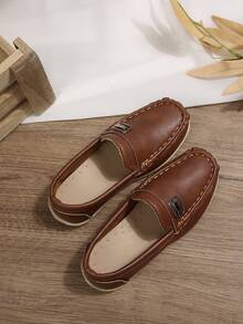 Boys' Flat Slip-On Shoes, Pure PU Leather, Handmade Stitching Design, Comfortable Flat Shoes For Spring/Autumn Travel & Casual Activities, Loafers - Brown - View 3