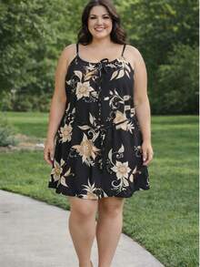 Plus Size Dress With Thin Straps, Duna Brand, All-Over Floral Print, Gathered Hem With Ruffle, Perfect For Vacation. - Black Feather - View 4