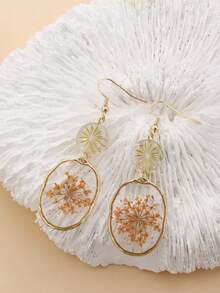 1 Pair Personalized Fashion Dried Flower Resin Effect Oval Pendant Matching Round Glass Flower Earrings, Suitable For Vacation, Party And Daily Wear, Natural Dried Flower May Have Slight Differences From The Picture - Orange - View 8