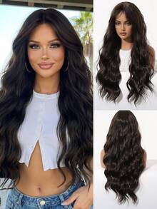 26 Inch Natural Long Brown Loose Wave Wig With Bangs, High Temperature Fiber Synthetic Wig With Adjustable Strap For Beach & Vacation - Brown - View 2