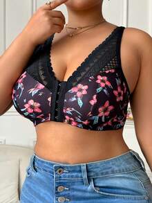 Plus Size Women Comfortable Fashion Floral Print Lace Patchwork Knit Bra - Black - View 4