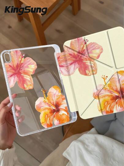 Kingsung Floral Pattern Y-Shaped Foldable Double-Sided Spray Painted Transparent Acrylic Crystal Tablet Protective Case, Suitable For Samsung Tablets/Mini6/7/9.7/10.2/10.5/10.9/12.9/Pro 11, 10th Gen, Supports Multi-Angle Adjustment, 6 Stand Placement Modes, Built-In Pen Slot, Transparent Backplate, Anti-Drop Protection, Auto Wake/Sleep