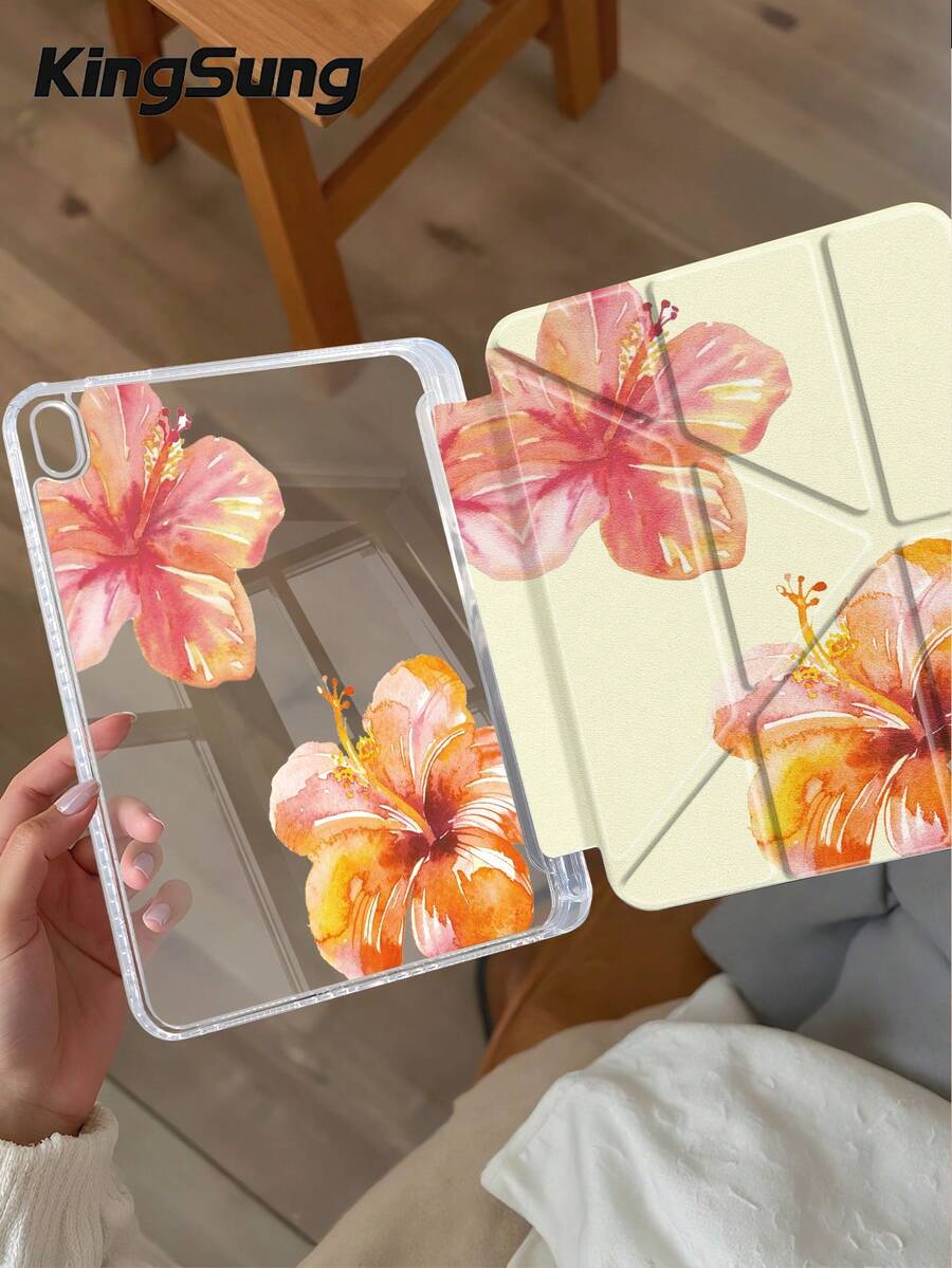 Kingsung Funda protectora de cristal acrílico transparente con patrón floral en forma de Y, plegable y de doble cara, pintada con aerosol, compatible con tabletas Tablets/Mini6/7/9.7/10.2/10.5/10.9/12.9/Pro 11, 10th Gen, admite ajuste de múltiples ángulos, 6 modos de colocación de soporte, ranura integrada para bolígrafo, placa trasera transparente, protección antideslizante, activación/suspensión automática