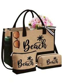 Conjunto de bolsa de praia feminina com tema praiano, estampada com a palavra "Beach" (Praia) e um padrão de palmeiras. Bolsa grande com óculos de sol pretos estilosos, chapéu de praia e duas nécessaires. Sacola de compras reutilizável e leve com mini porta-moedas. Bolsa multifuncional ideal para passeios de fim de semana. - Multicolorido - Ver 12