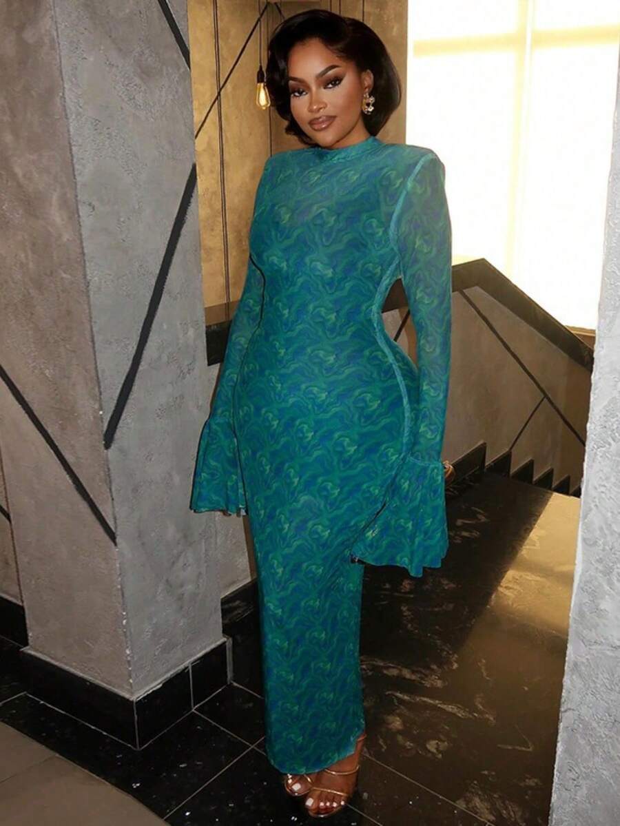 Vacation Outfits Women Retro Women's Clothing Slim-Fitting Bodycon Skirt Round Neck Long-Sleeved Sexy Casual Long Dress Birthday Dresses For Spring Summer Festival Outfit Coachella Fashion Boho Clothing Mother Daughter Matching Outfits Vacation Outfits Under Graduation Gown Outfit - Xanh lá cây công - Xem 1