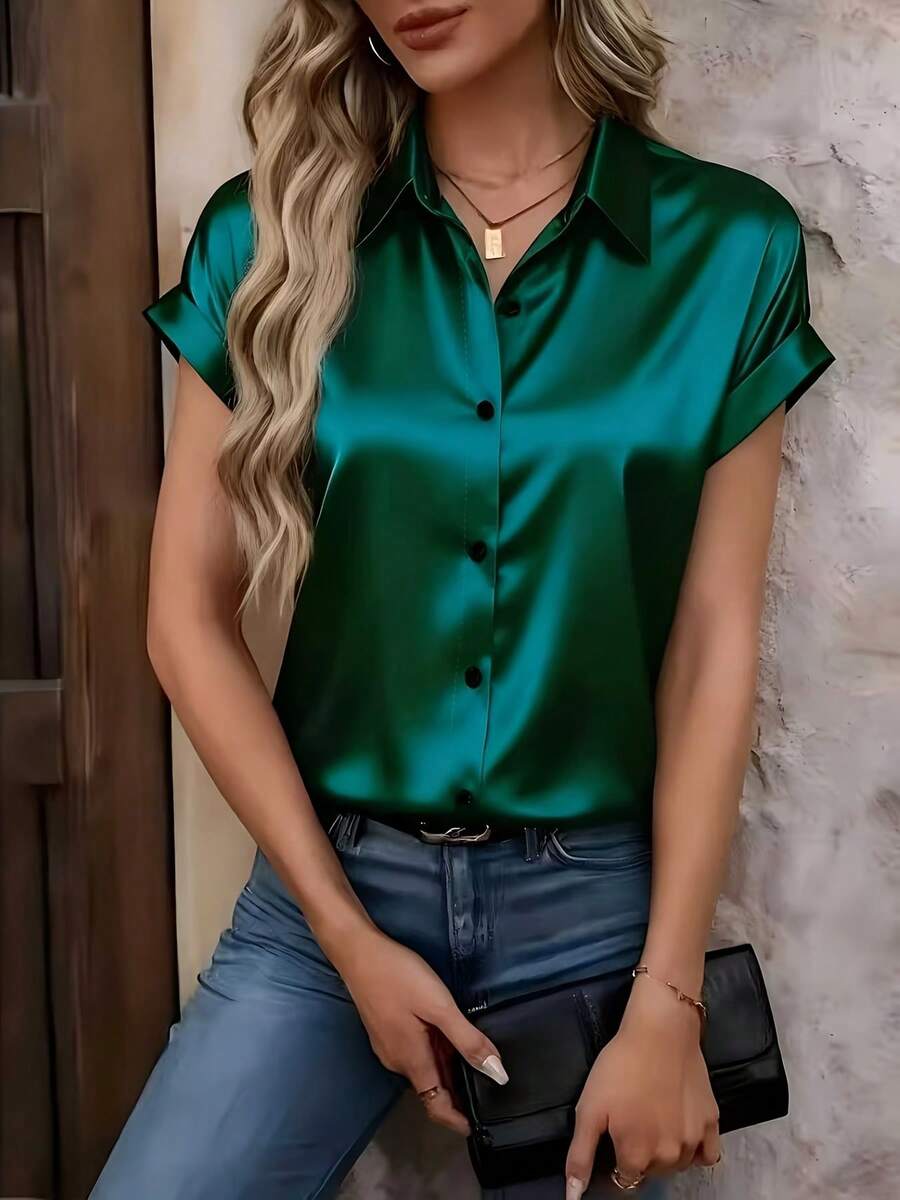 Áo kiểu nữ thời trang, thanh lịch, cổ ve áo bằng satin, tay ngắn, đa năng, thích hợp cho kỳ nghỉ hè. - Màu xanh lá cây đậm - Xem 1