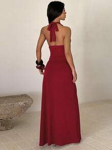 Elegant Sexy Solid Color High Slit Backless Halter Dress, Suitable For Weddings, Back-To-School Parties, Beach Vacations, Summer - Burgundy - View 4
