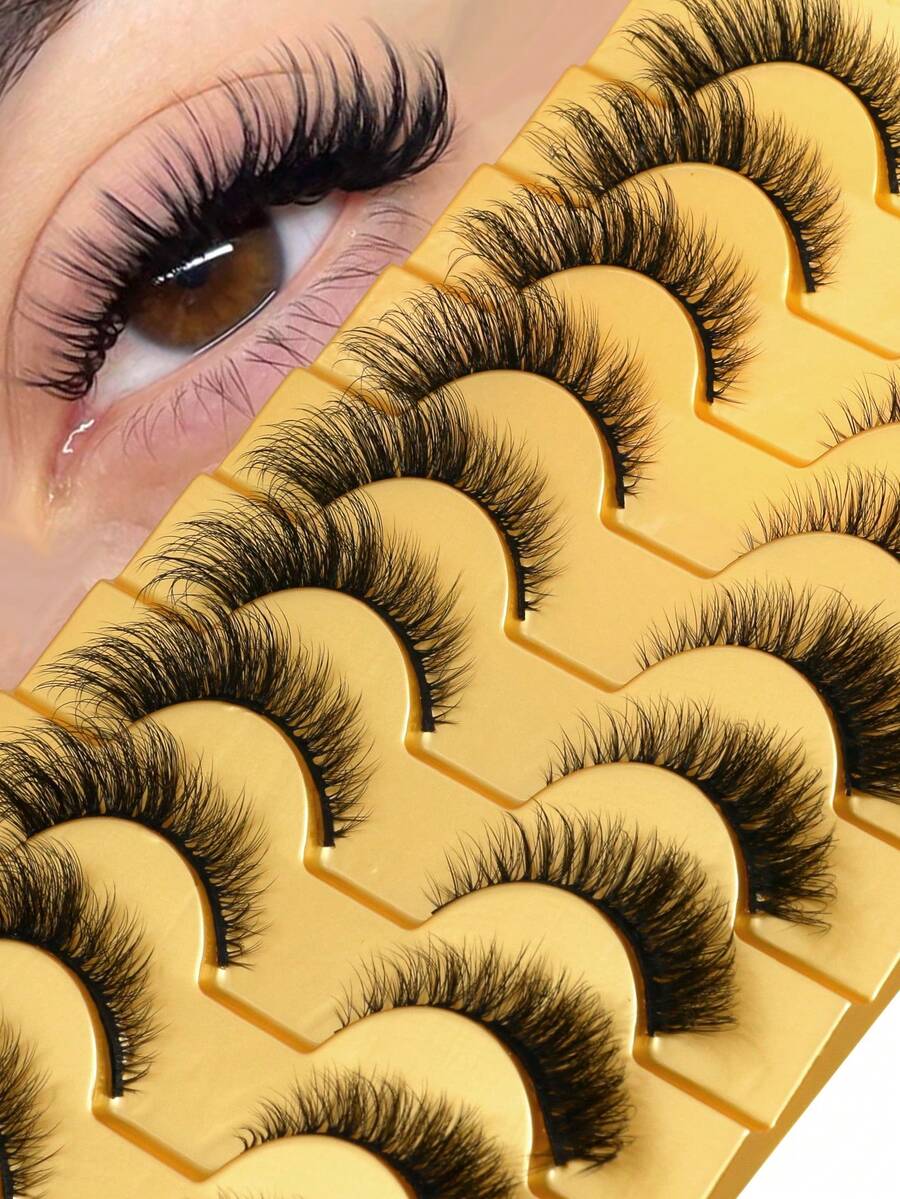 Lasvirey 10对装蓬松猫眼假睫毛，自然妆效，柔软睫毛，交叉浓密型假睫毛，奢华3D全贴式假睫毛，纤细轻盈仿貂毛假睫毛，可重复使用，适合波西米亚风妆容 - 查看 1