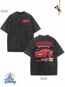 Disney Official Licensed McQueen Est.1977 Vintage Wash T-Shirt 230g Cotton Crew Neck Drop Shoulder Unisex Tee - 黑色 - 查看 1