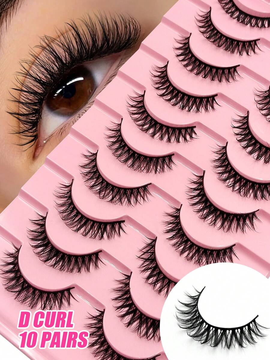 Asiteo 10 Pairs D Curl Full Strip Lashes Faux Mink Fluffy Volume Dramatic Look Reusable False Eyelashes For Party Wedding Stage - Black - View 1