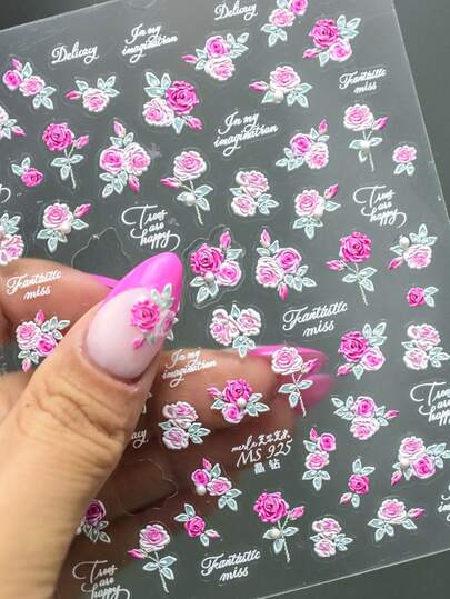 1pc 3D Relief Pink Rose Nail Stickers, Floral Faux Pearl Nail Art Decals, Vintage Elegant DIY Manicure Decoration