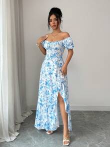 新款女士夏季方领泡泡袖连衣裙：优雅修身，荷叶边下摆和侧开衩 - 藍白色 - 查看 4