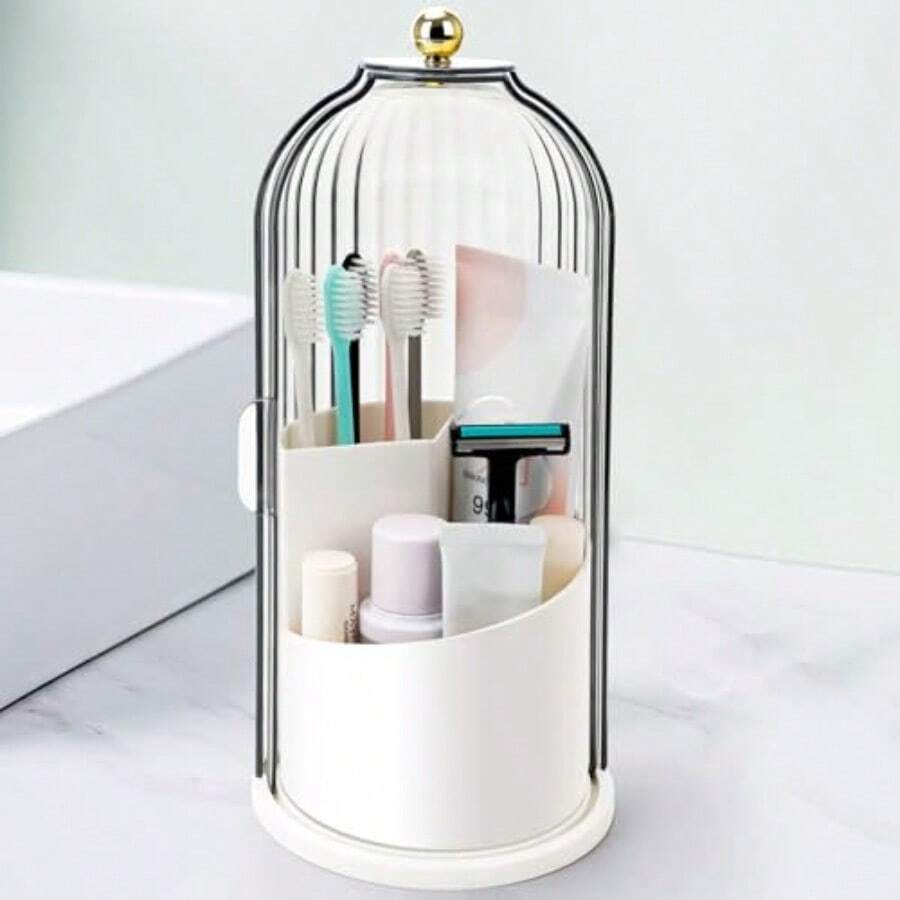 Toothbrush Holders With Sliding Lid Rotating 3 Slots Bathroom Organizer Countertop Tooth Brush Toothpaste Holder Bathroom Counter Stand Sink Organizer Caddy For Vanity Makeup Brushes Holder - Trắng trong suốt Đen - Xem 1