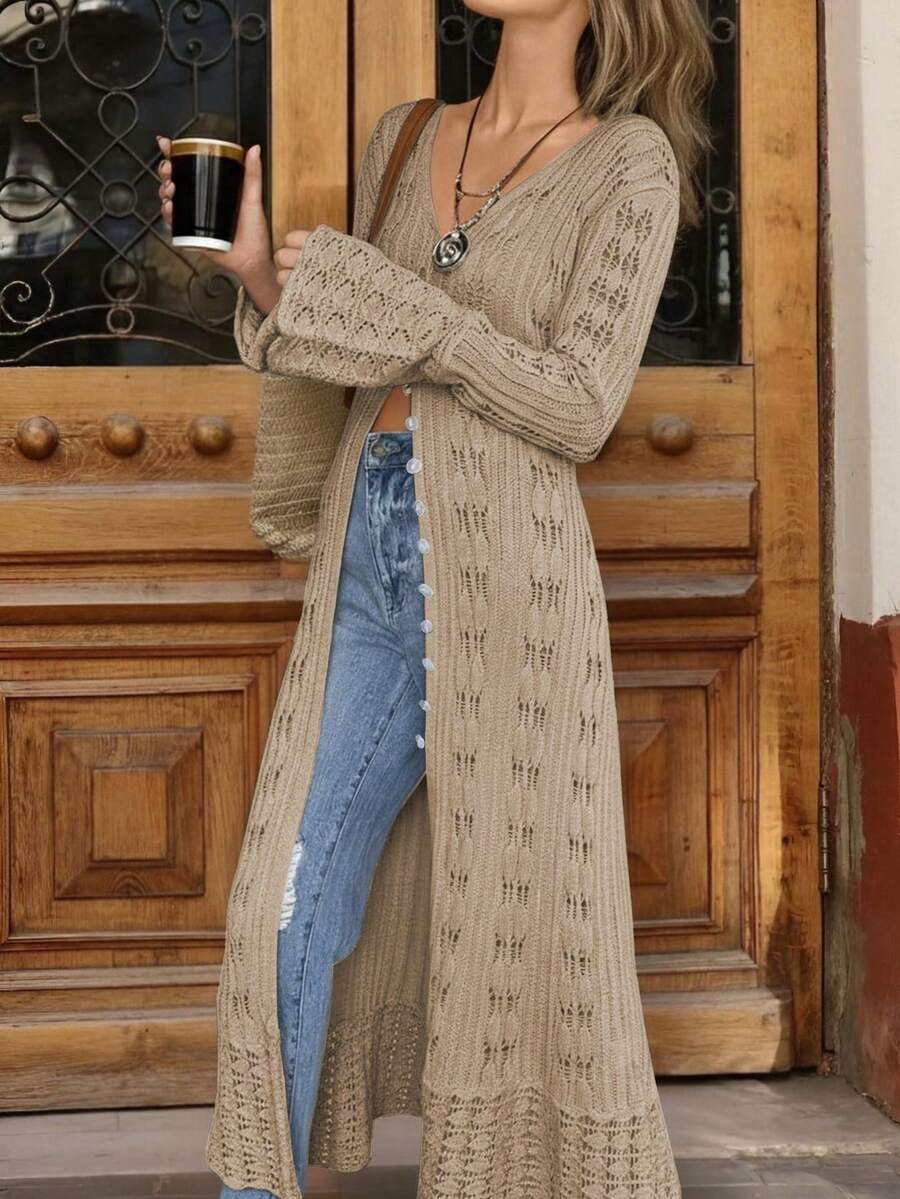 Mariasol 女士新款时尚 V 领纽扣不规则荷叶边下摆开衩性感修身派对连衣裙，精致优雅喇叭长袖镂空露背春夏秋冬针织上衣 - 卡其色 - 查看 1