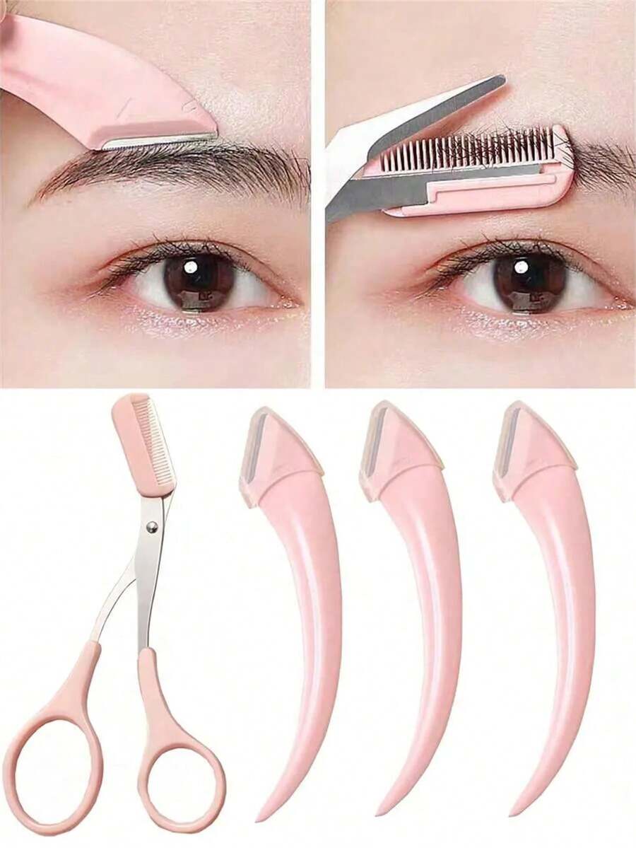 4pcs/2pcs/1pc Stainless Steel Eyebrow Trimmer Scissors Set With Comb, Suitable For Any Skin Type Beauty Tools, Unisex, Can Be Used For Depilation, Makeup, Home Decor, Vanity, Travel, Bedroom And More. Versatile Product Includes Makeup Accessories, Eyebrow Scissors, Christmas Gift And Others. - 粉色 - 查看 1