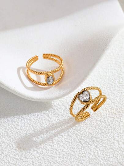 Set de 2 anillos de acero inoxidable chapado en oro de 18K con diseño de corazón cruzado y óvalo, incrustados con circonita blanca, adecuados para uso diario de mujeres o como regalo