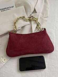 Gold Color Large Chain Soft Baguette Bag - Burgundy - View 3