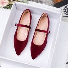 Giày bệt Mary Jane bằng nhung, kiểu dáng thanh lịch cổ điển Pháp, giày lười màu trơn đa năng phù hợp cho mọi mùa. - Màu Đỏ Sâu - Xem 15