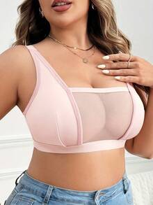 Plus Size Women's Comfortable Minimalist Wireless Bra, Mesh Patchwork, Knit Fabric - Pink - View 4