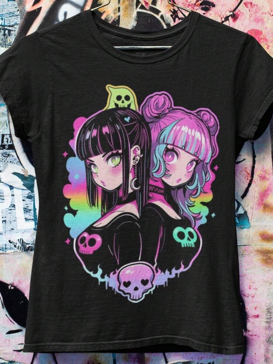 Pastel Goth Oversized-Shirt Harajuku Streetwear Japanese Streetwear Grunge Aesthetic - 黑色 - 查看 1