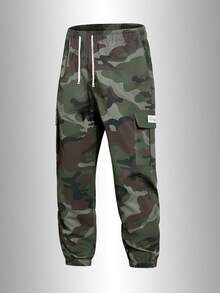 Women's Dark Camouflage Cargo Pants, Multi-Pocket Design With Drawstring Hem, Loose Fit, High Street Style, Pair With Cropped Top And Retro Sneakers For Sporty Look, Suitable For Casual Outings And Fashionable Gatherings Sports - Army Green - View 4