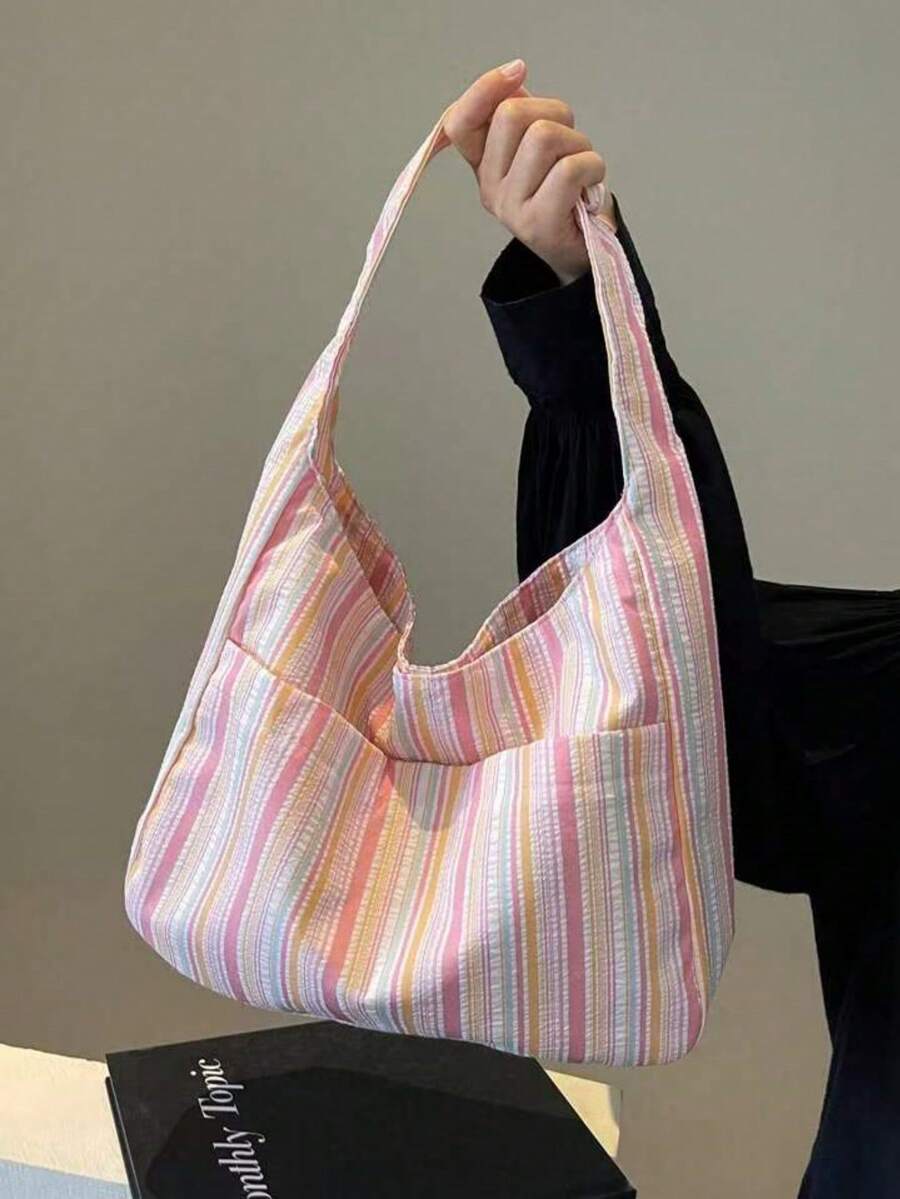Large Capacity Women's Canvas Tote Bag, Shoulder Bag, Casual Striped Fabric Handbag, Pink - Pink - View 1