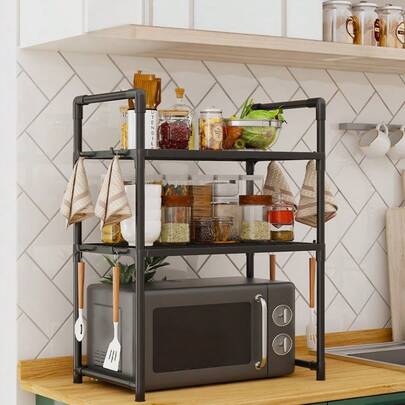 1pc Heavy Duty Microwave Oven Rack, Multi-Tier Microwave Oven Shelf, Rust-Resistant Metal Microwave Storage Rack, Microwave Stand For Kitchen Countertop, Multiple Storage Options, Designed For Home Organization, Made Of Plastic With Tiered Shelves, Multifunctional Storage Rack, Easy To Assemble, High Load Capacity