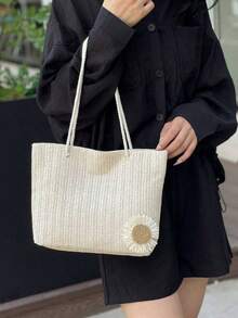 米色编织手提包，饰以花卉图案，休闲风格，适合办公室、海滩等场合。 - 米色 - 查看 7