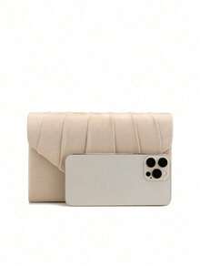 优雅女士婚礼手拿包，奢华褶皱方形手提包，适合正式场合 - 性感纯色涤纶信封式手拿包，配有可拆卸链条肩带、纽扣开合和涤纶衬里 - 适合派对、酒吧、夜总会、婚礼、舞会、宴会等场合 - 杏色 - 查看 3