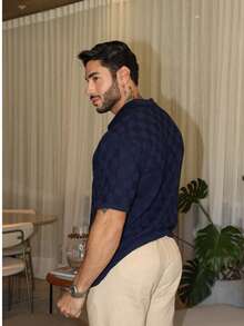 Men's Oversized Textured Knit Shirt - Navy Blue - View 2