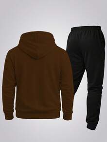 Men's Hoodie And Jogger Pants Set With Brazilian Flag Print, Casual, Minimalist, Sporty, Long Sleeves, Kangaroo Pocket, Comfortable For Autumn/Winter - 鏽棕色 - 查看 2