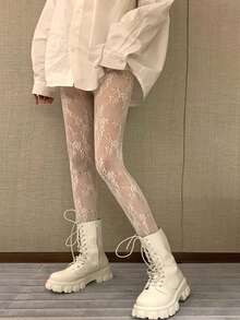 1件装女士黑色/白色花卉藤蔓网纱裤 - 白色 - 查看 1