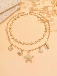 2pcs Ocean Style New Gold Starfish Shell Baroque Faux Pearl Pendant Necklace, Women's Summer Beach Vacation Party Casual Accessory Jewelry Necklace - Yellow Gold - View 4