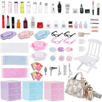 77Pcs Dollhouse Bathroom Accessories Set - Miniature Makeup & Toiletries With Storage Cases, Handbag, Hair Dryer - 1:12 Scale House Decor Girls,Birthday