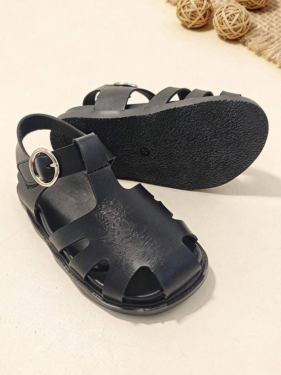 1 par de sandalias de moda negras para niños, sandalias planas antideslizantes para niños y niñas, con cierre de , diseño de tiras negras múltiples con hebilla de metal, unisex, adecuadas para banquetes, fiestas, bodas, vacaciones - Negro - Ver 1