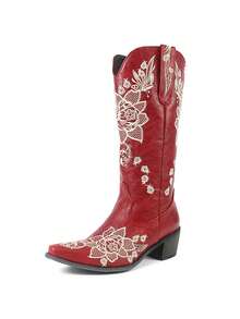 Knee High Cowboy Boots For Women Wide Calf Pointed Toe Classic Chunky Heeled Vintage Embroidered Cowgirl Boot Retro Slip On Party Shoes Wedding Dressy Holiday Outdoor Riding Country Concert Rodeo Easter Gifts Spring Festival Womens Western Summer Booties Purplish Red Boots - 紫紅色 - 查看 10