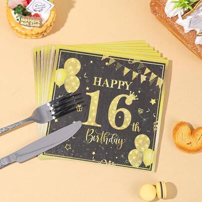 20pcs/40pcs/60pcs,16th Birthday Napkins,13 X 13 Inches Black And Gold Napkins Disposable Birthday Party Paper Tissues For Happy 16th Birthday Party Supplies,Disposable Men Women Party Supplies For Birthday Wedding Anniversary Decoration