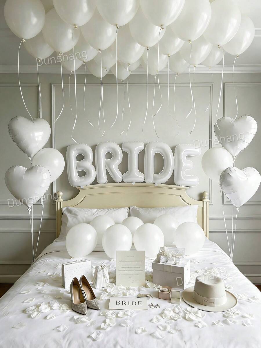 30-45pcs Bride Balloon Set - 40 Inch White BRIDE Banner Decor, Matte White Latex Balloons, White Heart Foil Balloons, Fake Flower Petals, Suitable For Bridal Shower, Bachelorette Party, Wedding Engagement Decoration, Bride Room Decor, Bride To Be Supplies, Home Atmosphere, Photo Props - trắng - Xem 1