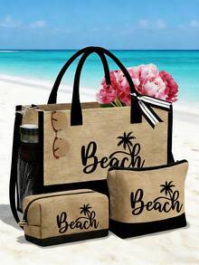 Conjunto de bolsa de praia feminina com tema praiano, estampada com a palavra "Beach" (Praia) e um padrão de palmeiras. Bolsa grande com óculos de sol pretos estilosos, chapéu de praia e duas nécessaires. Sacola de compras reutilizável e leve com mini porta-moedas. Bolsa multifuncional ideal para passeios de fim de semana. - Multicolorido - Ver 2