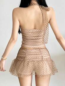 Top Dazzle Women Sexy Party Halter Polka Dot Mesh Two Pieces Outfit With Slight Stretch Fabric Vacation Carnivals - Khaki - View 7