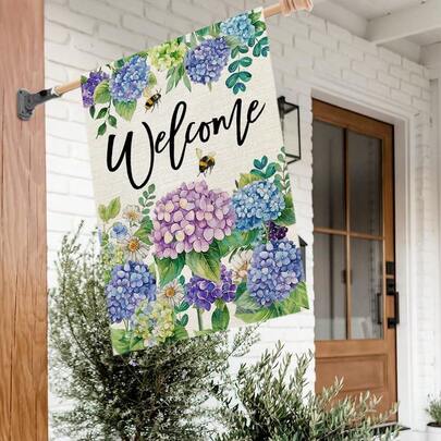 لافتة ترحيب كبيرة مزخرفة بالأزهار والهيدرانجيا مطبوعة على قماش الكتان الخشن مقاس 71.12 * 101.60 سم، مناسبة للاستخدام الخارجي في الشرفة