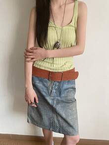 1件卡其色PU材质复古百搭纯色显瘦宽腰带，女士适用 - 棕色 - 查看 2