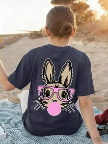 This Casual Dark Gray Round Neck T-Shirt Is Suitable For Slightly Larger Children, Featuring A Creative Rabbit Print Design, Very Suitable For Girls And Slightly Larger Children To Wear. - Dark Grey - View 2