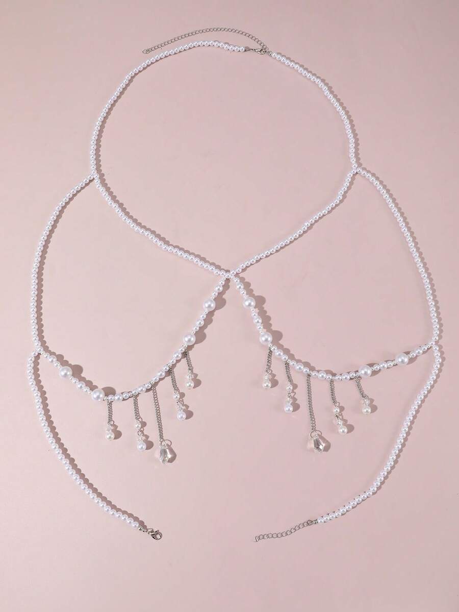 1pc Luxury Faux Pearl Sexy Women's Body Chain, Bikini Chain, Party Accessory - White - View 1