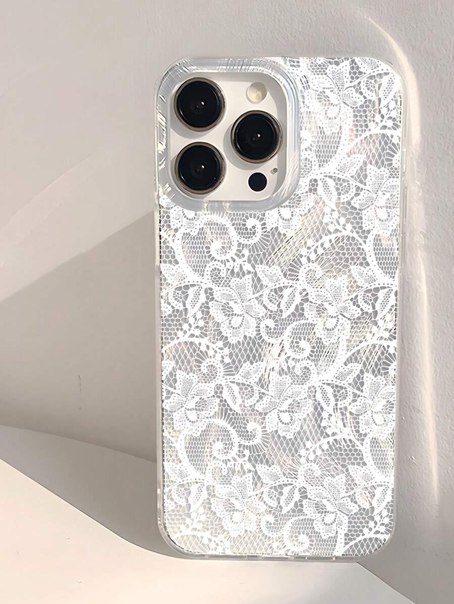 1个浪漫蕾丝图案透明加厚保护手机壳，适用于 11/12/13/14/15/16 Pro Max - 彩色 - 查看 1