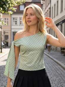 Women Tank Tops Off One Shoulder Sleeveless Dot Print Ruched Summer Crop Going Out Vest - Mint Green - View 3