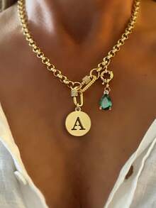 1pc Gold Letter Necklace With Green Diamond Pendant, Stainless Steel Chain, Fashion Multi-Pendant Necklace, Unique Luxury Women Necklace - Yellow Gold - View 9